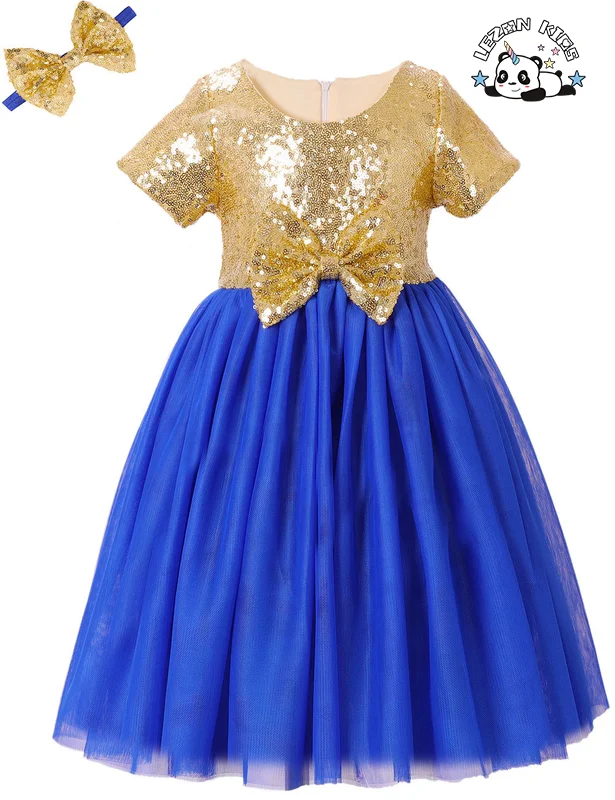 LEZONKIDS - Girls' Sequins Gauze Dress New Style Children's Short Sleeved Flower Children's Dress Princess Bowknot Peng Peng Dress